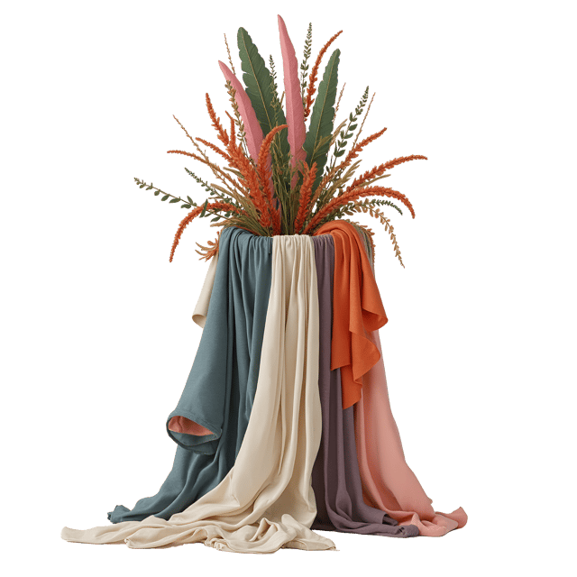 Free transparent PNG: Asymmetric Textile Sculpture with Draping Fabrics and Mixed Media Elements Clipart