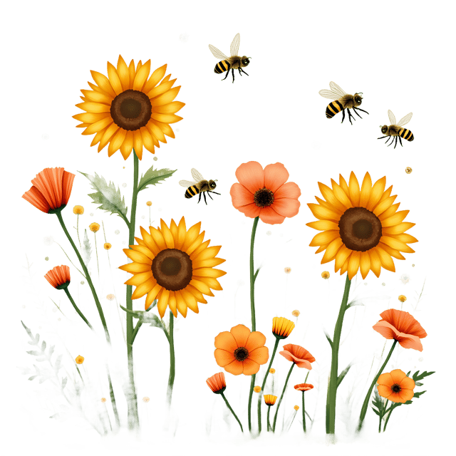 Free transparent PNG: Sunflowers and Poppies with Buzzing Bees  Nature Clipart, free downloadable png