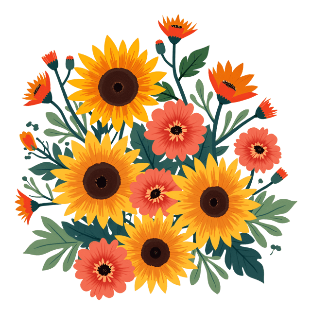 Free transparent PNG: Vibrant Sunflowers, Zinnias, and Marigolds Bouquet - Whimsical Watercolor Cartoon Illustration