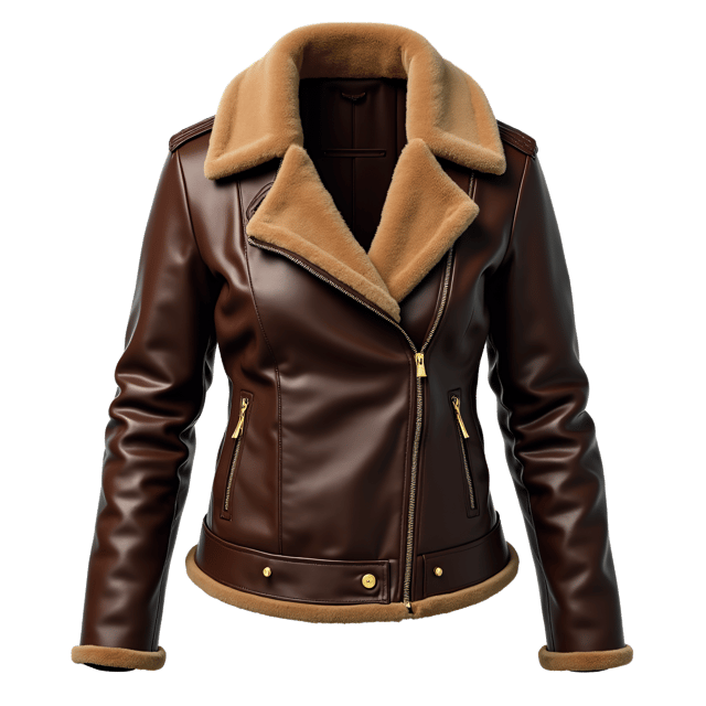 Free transparent PNG: Brown Fur-Lined Leather Jacket with Gold Zippers and Shoulder Details