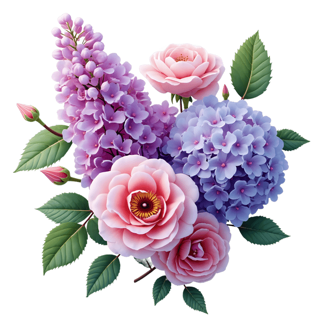 Free transparent PNG: Lilac, Rose  Hydrangea Flowers PNG  Perfect for Garden Decor, Crafts  Design
