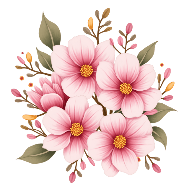 Free transparent PNG: Fragrant Jasmine, Gardenia, and Magnolia Blossom Display in Whimsical Cute Cartoon Watercolor Style