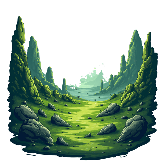 Free transparent PNG: Misty Green Asteroid Field with Floating Debris and Hidden Treasures Illustration