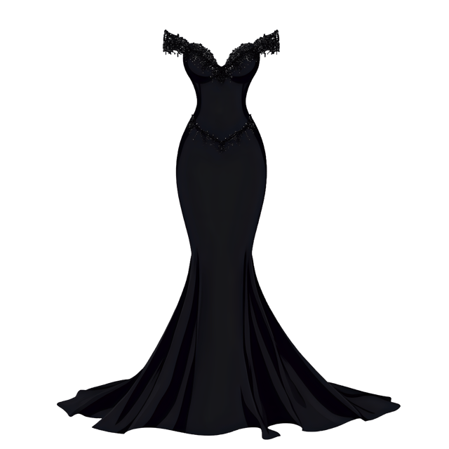 Free transparent PNG: Elegant Black Evening Gown with Intricate Beadwork and Long Sleeves