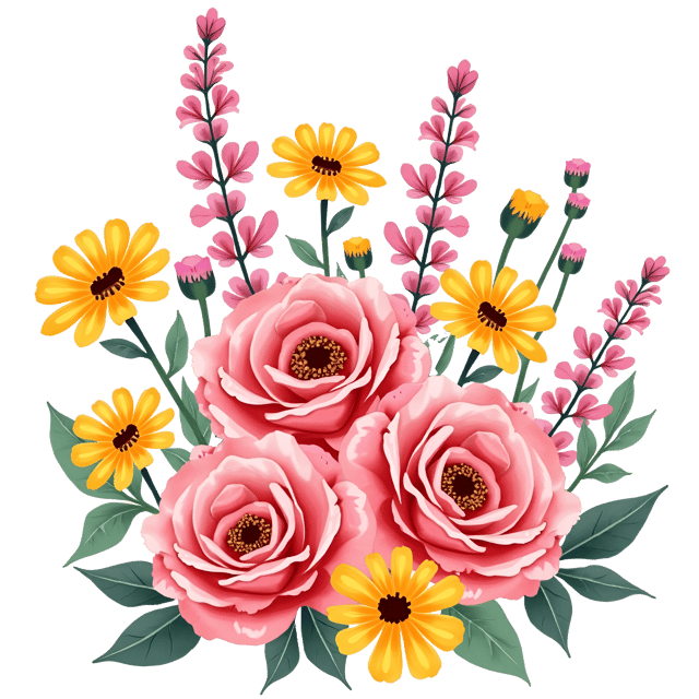 Free transparent PNG: Vibrant Pink Roses and Yellow Daisy Wild Flower Arrangement Cartoon Illustration
