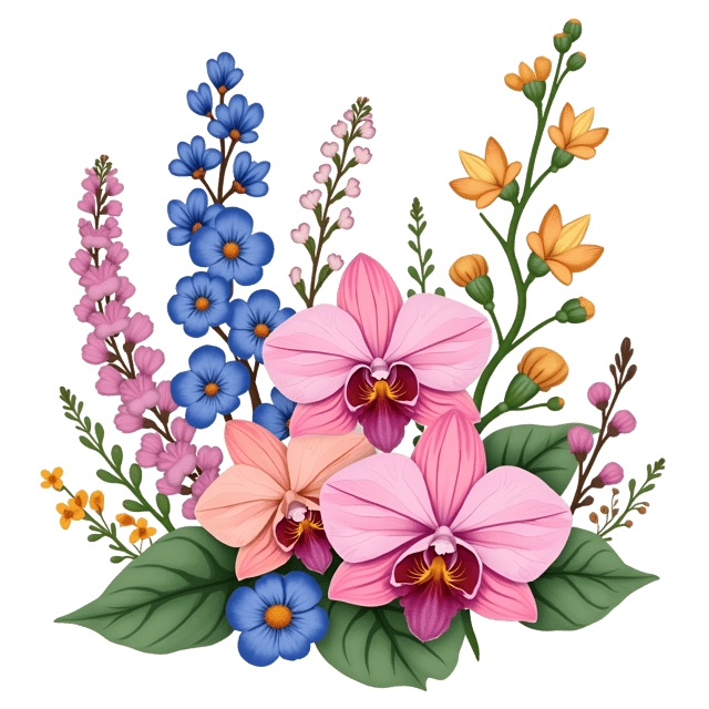 Free transparent PNG: Orchids, Forget-Me-Not, and Foxglove Watercolor Illustration for Floral Art and Decor