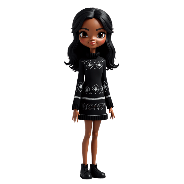 Free transparent PNG: Stylish Black Knitted Doll PNG with Patterned Dress and Matching Shoes