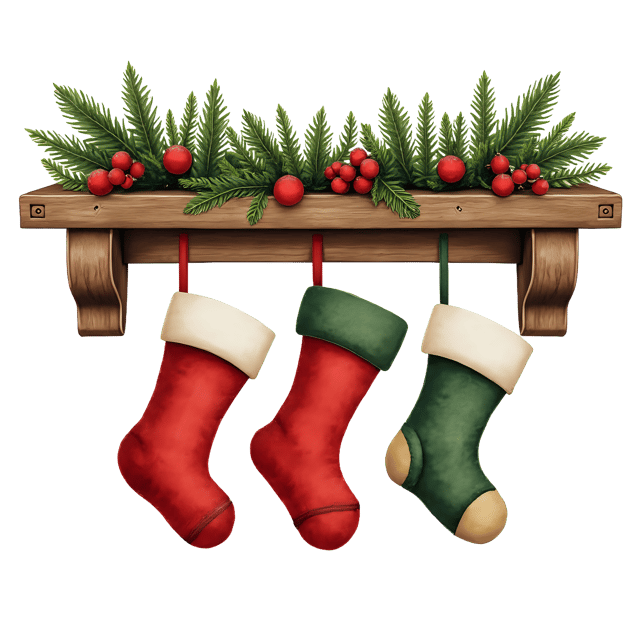 Free transparent PNG: Handmade Felt Christmas Stockings PNG on Wooden Mantle for Holiday Crafts