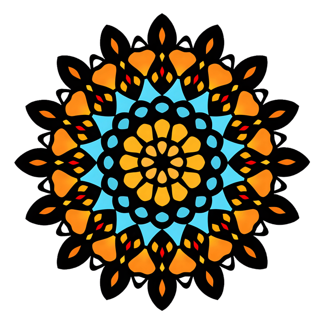 Free transparent PNG: Magnificent Symmetrical Mandala with Bold Black Outlines and Vibrant Fills