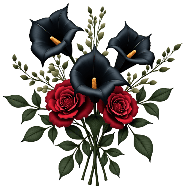 Free transparent PNG: Victorian Gothic Flower Arrangement  Black Calla Lilies  Crimson Roses PNG, Free Download