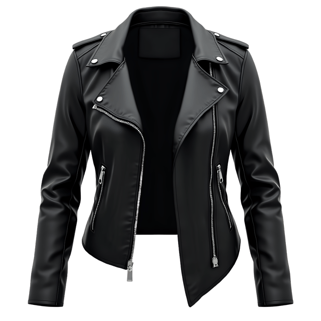 Free transparent PNG: Sleek Black Leather Jacket with Silver Zippers and Asymmetrical Hem - Modern Fashion Illustration