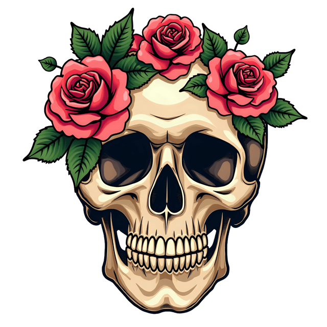 Free transparent PNG: Elegant Floral Skull with Roses PNG Illustration for Art and Design Projects