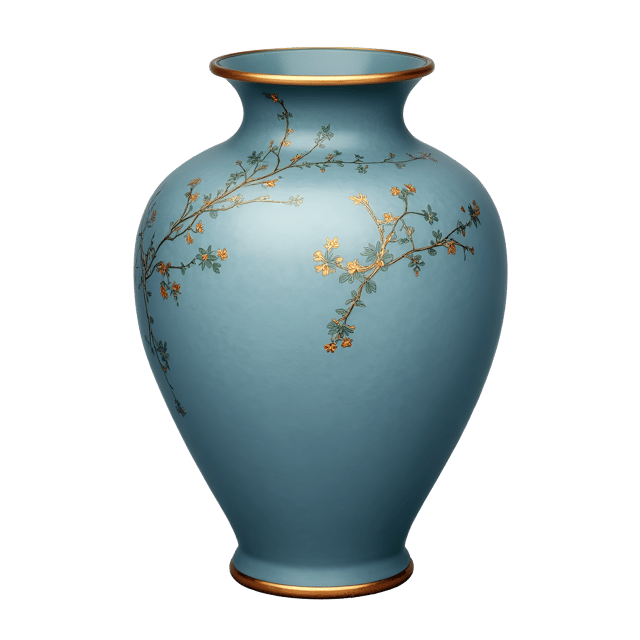 Free transparent PNG: Dusty Blue Ceramic Vase with Floral Patterns and Gilded Trim Illustration for Nursery Decor and Crafts