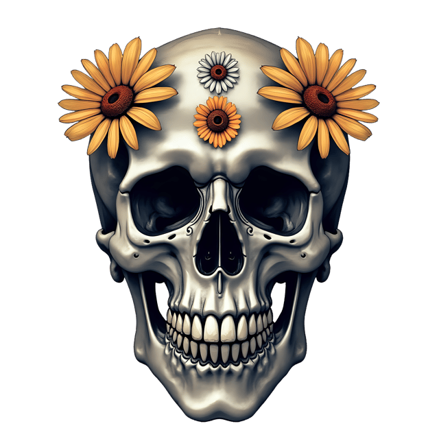 Free transparent PNG: Enigmatic Silver Floral Skull with Daisy Accents on Transparent Background