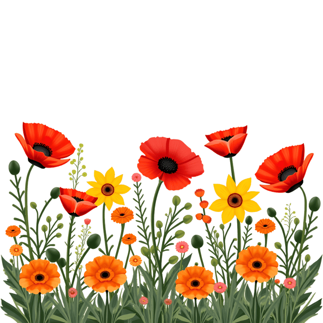 Free transparent PNG: Bold Flower Border with Poppies, Daffodils, and Marigolds - Bright Color Clipart