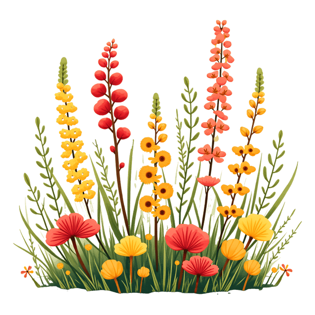 Free transparent PNG: Goldenrod, Orchids, and Scarlet Sage Whimsical Cartoon Watercolor Illustration on Transparent Background
