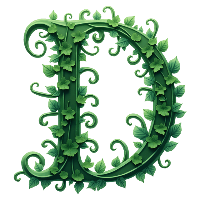 Free transparent PNG: Lustrous Emerald Letter D with Swirling Metallic Vines PNG Design