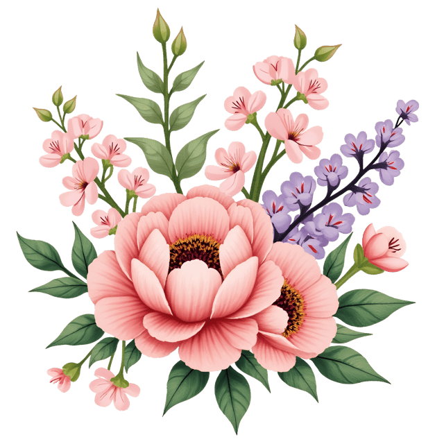 Free transparent PNG: Elegant Wildflower Arrangement with Peonies, Snapdragons, and Lilacs - Whimsical Watercolor Illustration