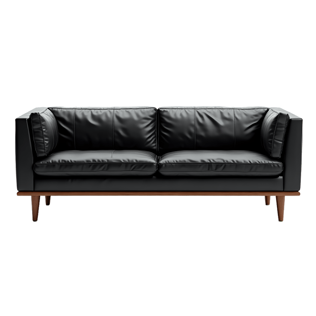 Free transparent PNG: Modern Black Leather Sofa with Polished Wood Legs and Gold Accents PNG Image