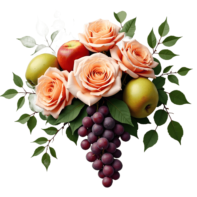 Free transparent PNG: Fruit Harvest Arrangement  Floral Clipart with Roses, Grapes, Apples, and Pear Branches, free download png