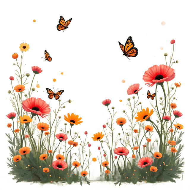 Free transparent PNG: Whimsical Garden with Flowers and Butterflies PNG