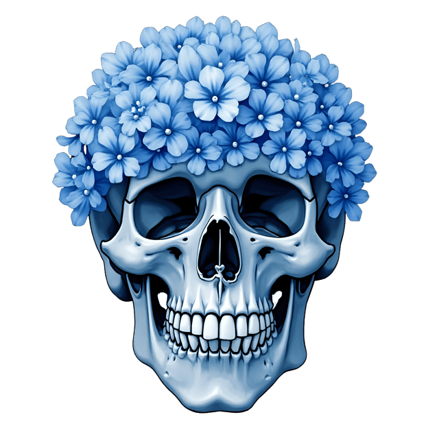 Free transparent PNG: Alluring Blue Floral Skull with Hydrangeas and Forget-Me-Not Decorations on Transparent Background PNG
