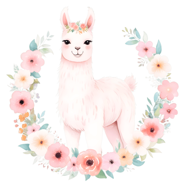 Free transparent PNG: Whimsical Llama Watercolor Illustration with Flowers for Creative and Decorative Use
