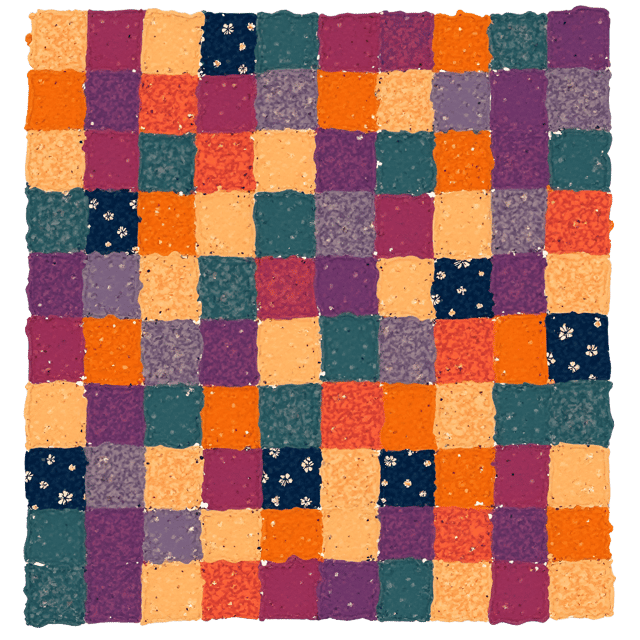 Free transparent PNG: Boho Quilt Pattern with Bold Mismatched Fabrics in Orange, Purple, and Green