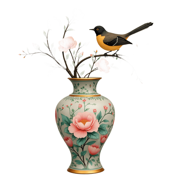 Free transparent PNG: Chinoiserie Floral and Bird Vase  Oriental Decor Clipart, free png download