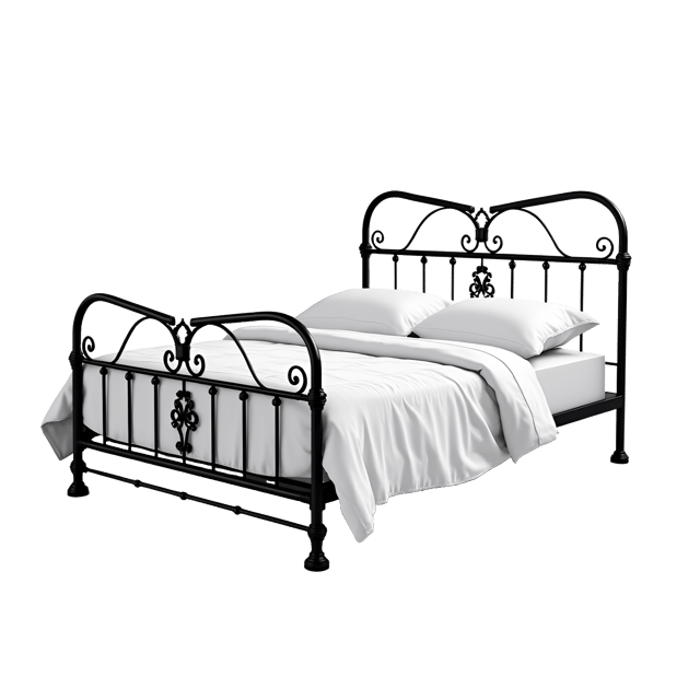 Free transparent PNG: Iron Bed with White Bedding and Ornate Headboard PNG