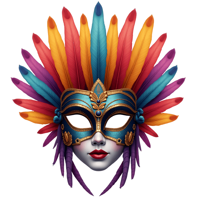 Free transparent PNG: Radiant Feather Mask Illustration with Colorful Plumes and Metallic Accents