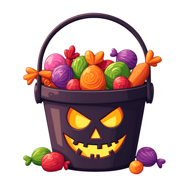 Free transparent PNG: Trick-or-Treat Bucket with Colorful Candy and Spooky Design Clipart