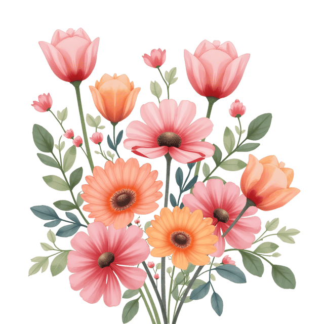 Free transparent PNG: Watercolor Charming Flower Illustration with Shaded Tulips and Gerberas