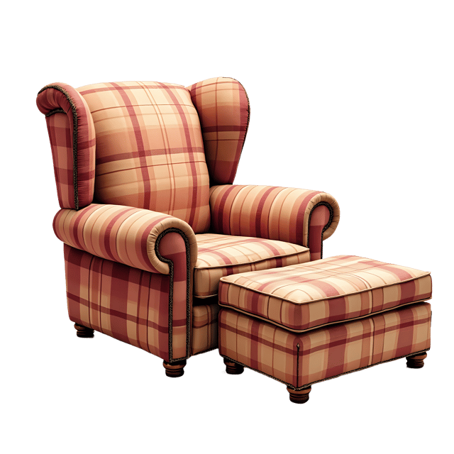 Free transparent PNG: Cozy Fabric Reading Chair with Plaid Accents and Built-in Ottoman PNG
