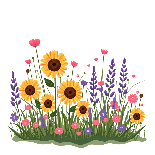 Free transparent PNG: Colorful Wildflower Meadow with Sunflowers, Daisy, and Lavender PNG