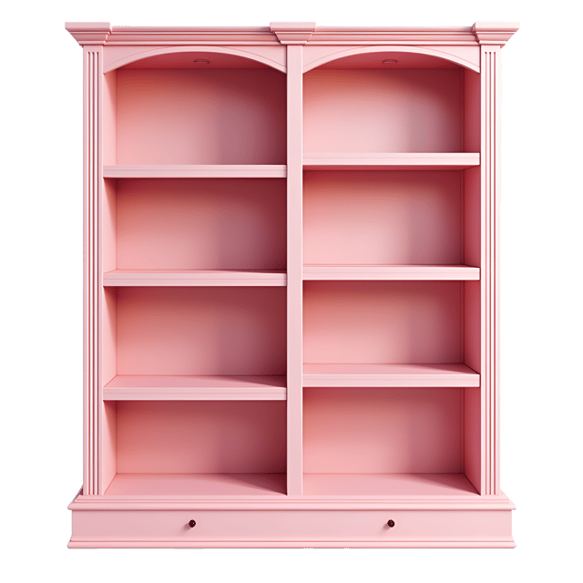 Free transparent PNG: Stylish Pink Bookshelf with Open Compartments and Decorative Molding