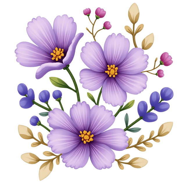 Free transparent PNG: Lavender Silk Flowers with Gold Leaf Accents Watercolor Illustration
