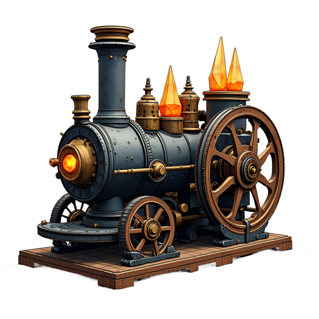 Free transparent PNG: Engraved Iron Steam Engine with Intricate Gears and Glowing Crystals PNG
