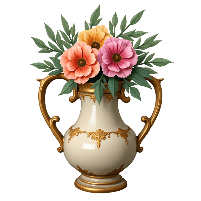 Free transparent PNG: Hand-Painted Ceramic Vase with Vibrant Flowers and Gilt Trim