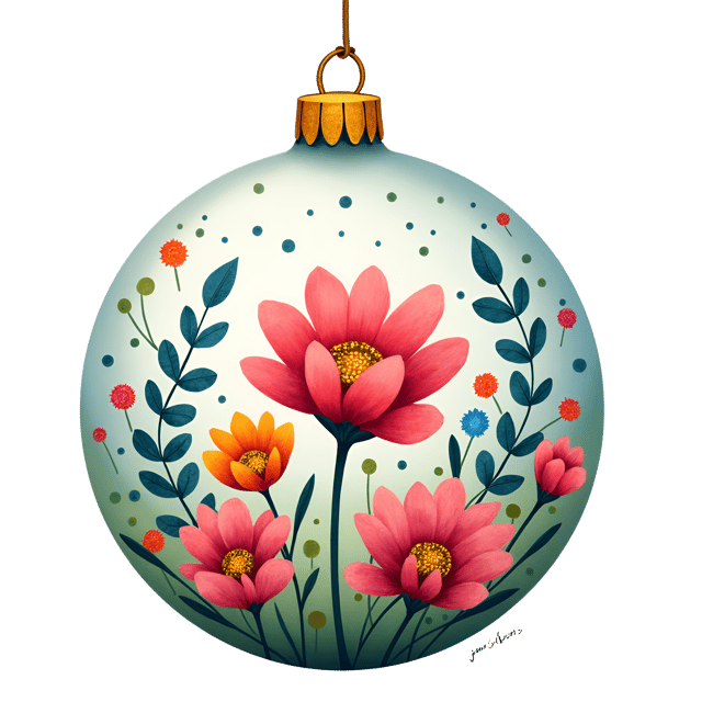 Free transparent PNG: Vibrant Glass Ball Ornament with Colorful Flowers and Shimmering Accents - Watercolor Illustration