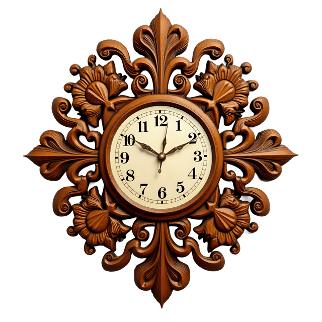 Free transparent PNG: Hand-carved Wooden Clock with Floral Patterns and Golden Hands PNG