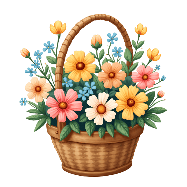 Free transparent PNG: Cheerful Flower Basket with Daisies, Pansies, and Forget-Me-Not Illustration