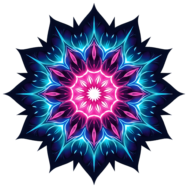 Free transparent PNG: Cyan and Magenta Mandala with Glowing Lines and Cosmic Patterns PNG