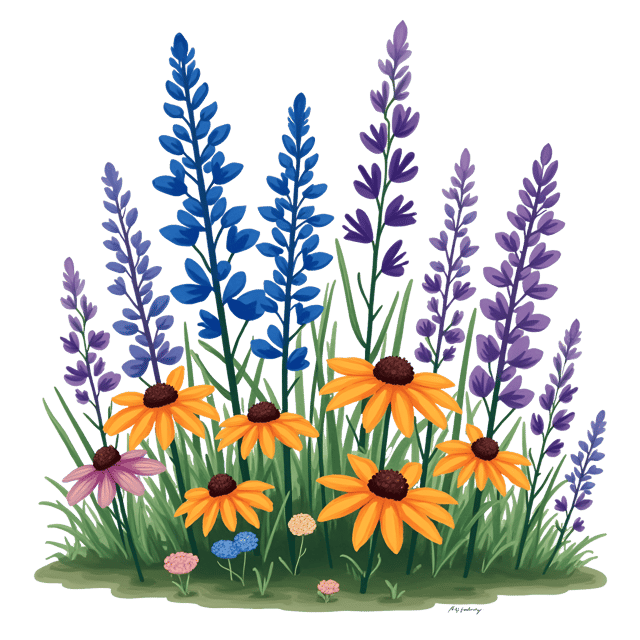 Free transparent PNG: Vibrant Bluebell, Black-Eyed Susan, and Purple Coneflower Illustration with Watercolor Touches
