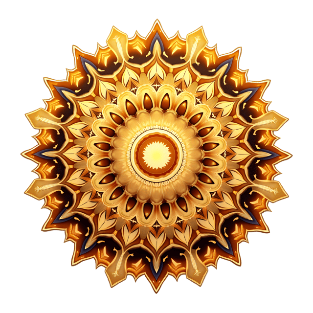 Free transparent PNG: Glowing Symmetrical Mandala with Gold Floral Motifs on Transparent Background