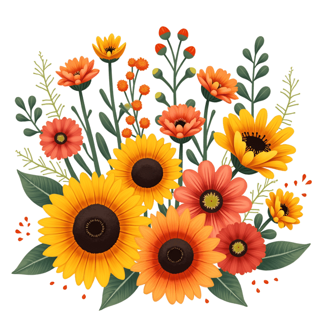 Free transparent PNG: Vibrant Bouquet of Sunflowers, Zinnias, and Marigolds in Whimsical Cartoon Watercolor Illustration Style