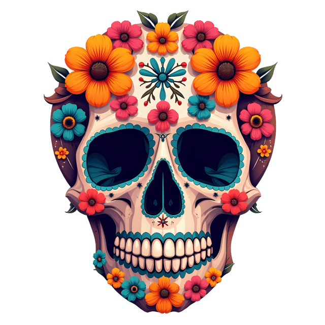 Free transparent PNG: Colorful Skull Design with Blossoms PNG