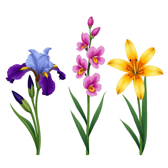 Free transparent PNG: Iris, Orchid, and Lily Flowers PNG  Perfect for Garden Designs, Crafts  Decor