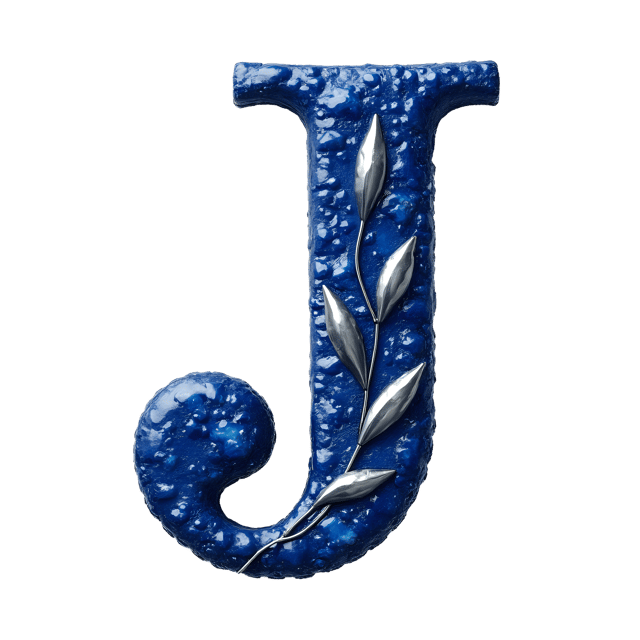 Free transparent PNG: Stunning Sapphire Letter J with Silver Leaf Motifs - Elegant Decorative Design