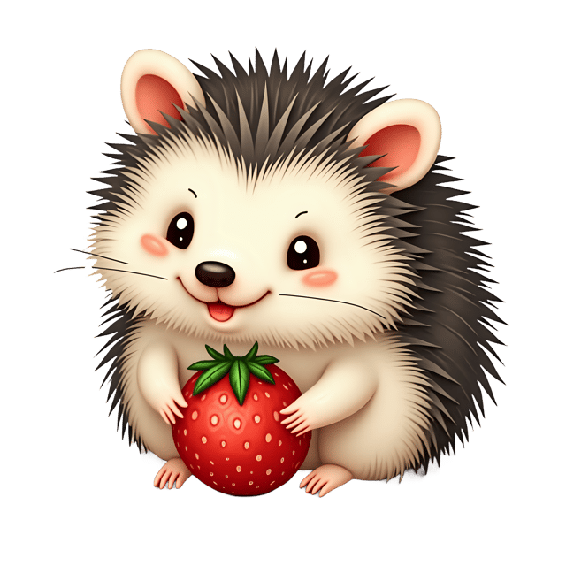 Free transparent PNG: Tiny Striped Hedgehog with Quills and Strawberry PNG Illustration for Cute Animal Art and Design